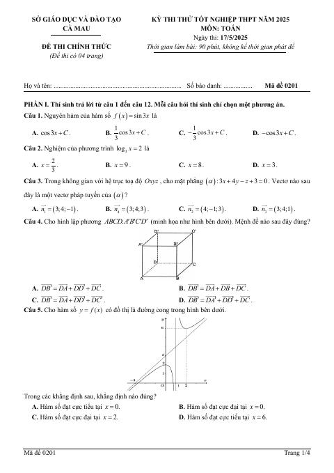 Đề thi thử tốt nghiệp THPT năm 2025 môn Toán sở GD&ĐT Cà Mau